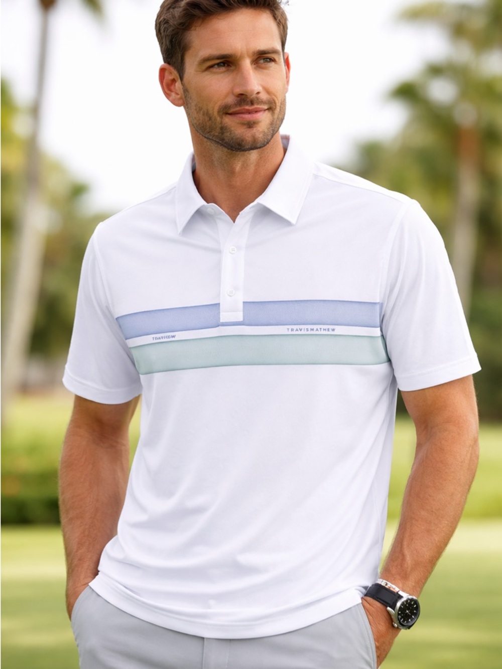 TravisMathew Polo Shirt Large White Blue Stripe Golf Casual Size L